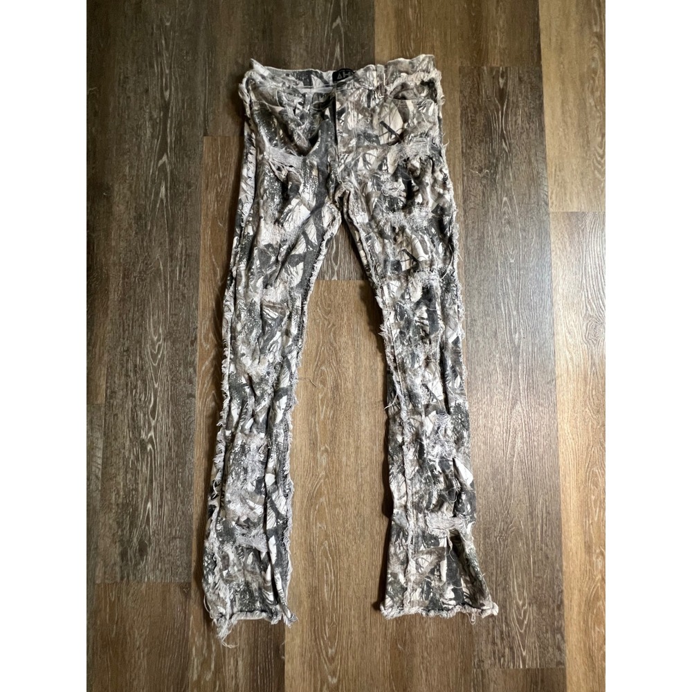 AHP Stacked Denim Jeans Mens 32 Grey Camo Distressed Ripped Streetwear Pants